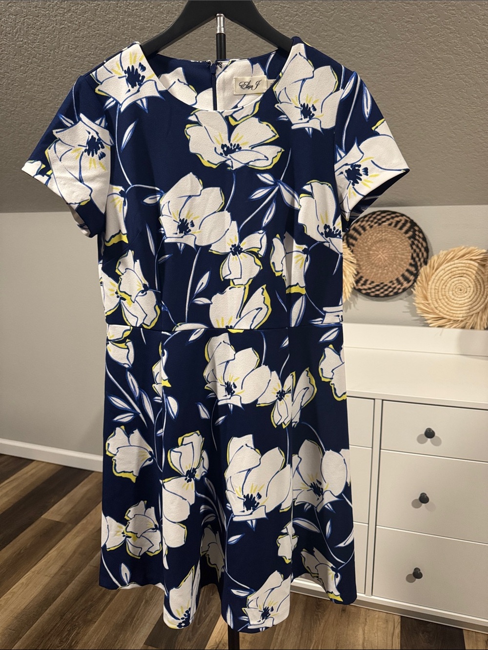 Eliza J Navy Floral Midi Dress with White & Yellow Blooms